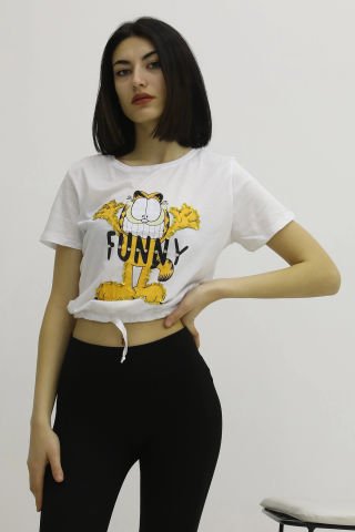 Baskılı Taşlı Tshirt - P-018426BEYAZ