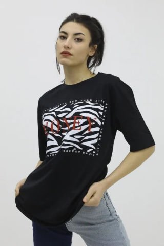 Honey Baskılı Desenli Tshirt Siyah - P-019884