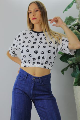 Beli Lastikli Desenli Crop Tişört Beyaz - 121908