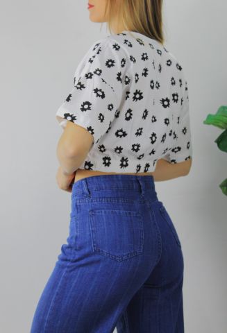 Beli Lastikli Desenli Crop Tişört Beyaz - 121908