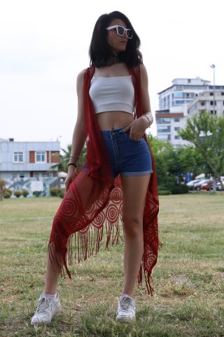 Saçaklı Yelek Bordo - P-017387