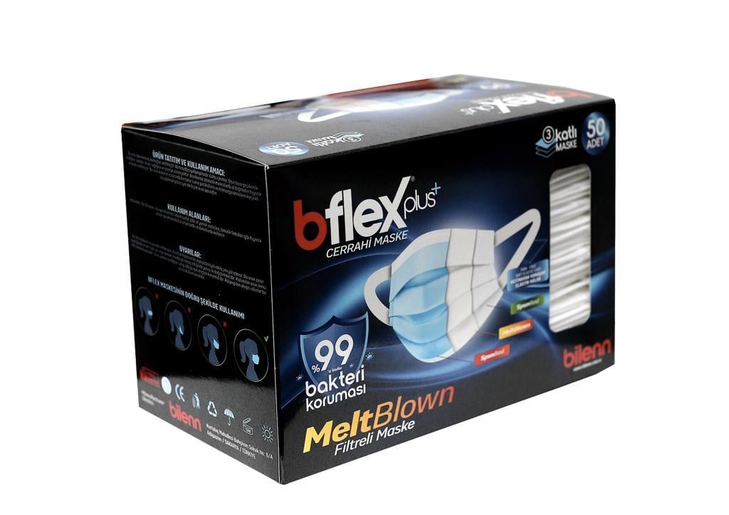 BFLEX-PLUS 3 Katlı Melt Blown Filitre Burun Telli Cerrahi Maske Yumuşak Elastik Kulaklı 50'li Paket (SİYAH)