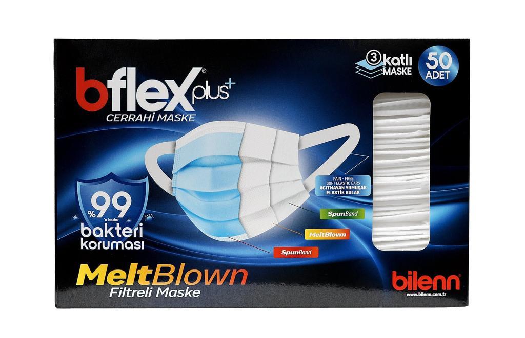 BFLEX-PLUS 3 Katlı Melt Blown Filitre Burun Telli Cerrahi Maske Yumuşak Elastik Kulaklı 50'li Paket (MAVİ)