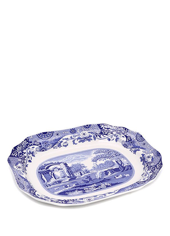 Spode Beyaz Mavi Karışık Desenli Porselen Servis Tabağı