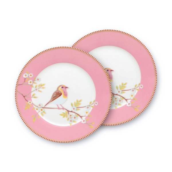 Pembe Kuşlu Tabak İkili Floral 21 CM -Hediye Kutulu