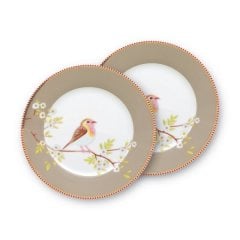 Haki Kuşlu Tabak ikili Floral 21 CM -Hediye Kutulu