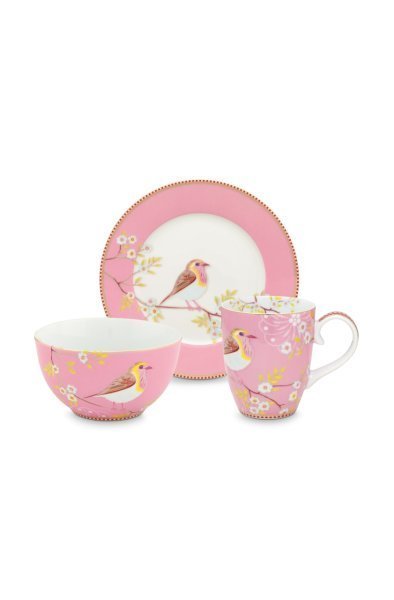 Kuşlu 3lü Pembe Kahvaltı Seti -Hediye Kutulu