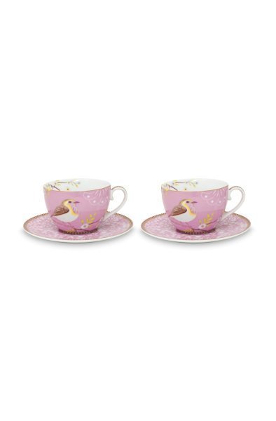 Pembe Kuşlu ikili Çay Fincanı 280 ml - Hediye Kutulu