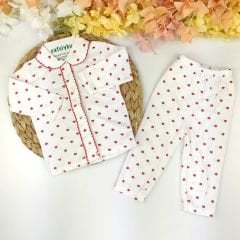 Kalp Baskılı %100 Pamuk Bebe Yaka Önden Çıtçıtlı Pijama Takım