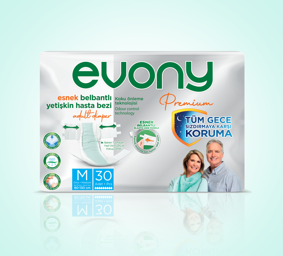 Evony Premium Esnek Belbantlı Yetişkin Hasta Bezi Orta (M) 120 Adet
