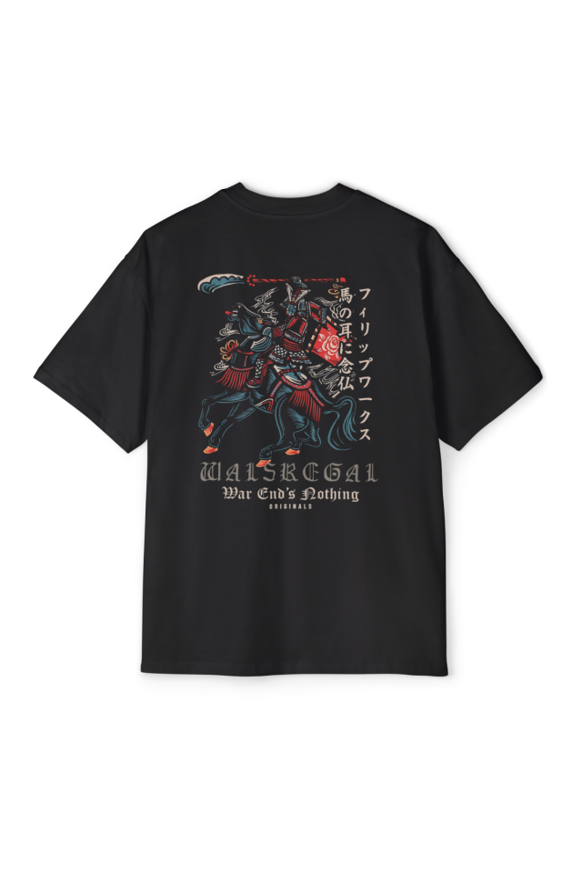 Walsregal Bisiklet Yaka Siyah Samurai Desenli Oversize Pamuklu Tshirt