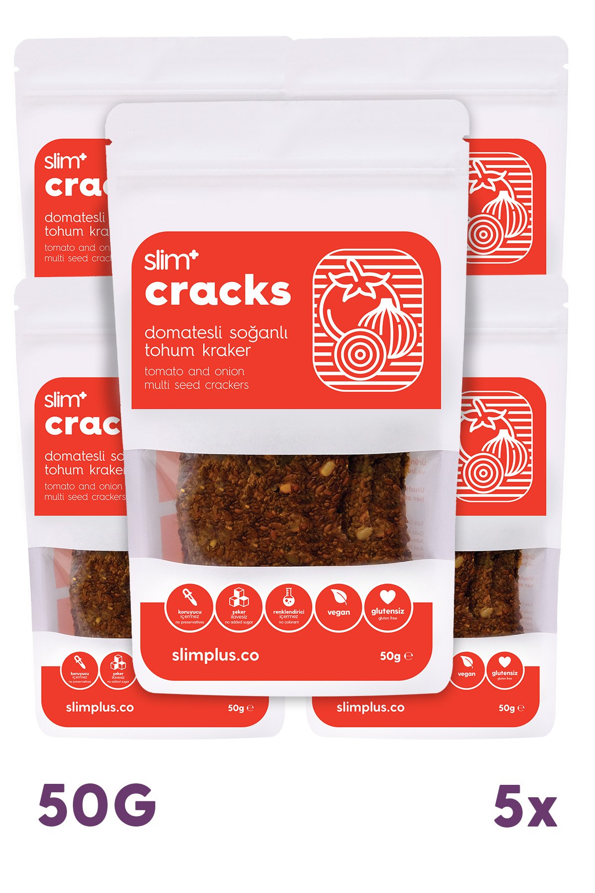 5 Paket Domates Soğanlı Glutensiz Vegan Tohum Kraker Cracks 50gr