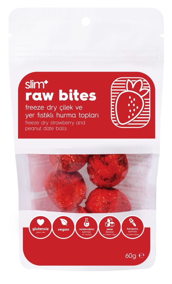 3 Paket Freeze Dry Çilek Kaplı Glutensiz Vegan Yerfıstıklı Hurma Topları Raw Bites 60gr