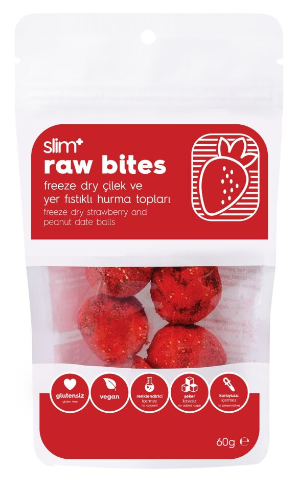 10 Paket Freeze Dry Çilek Kaplı Glutensiz Vegan Yerfıstıklı Hurma Topları Raw Bites 60gr