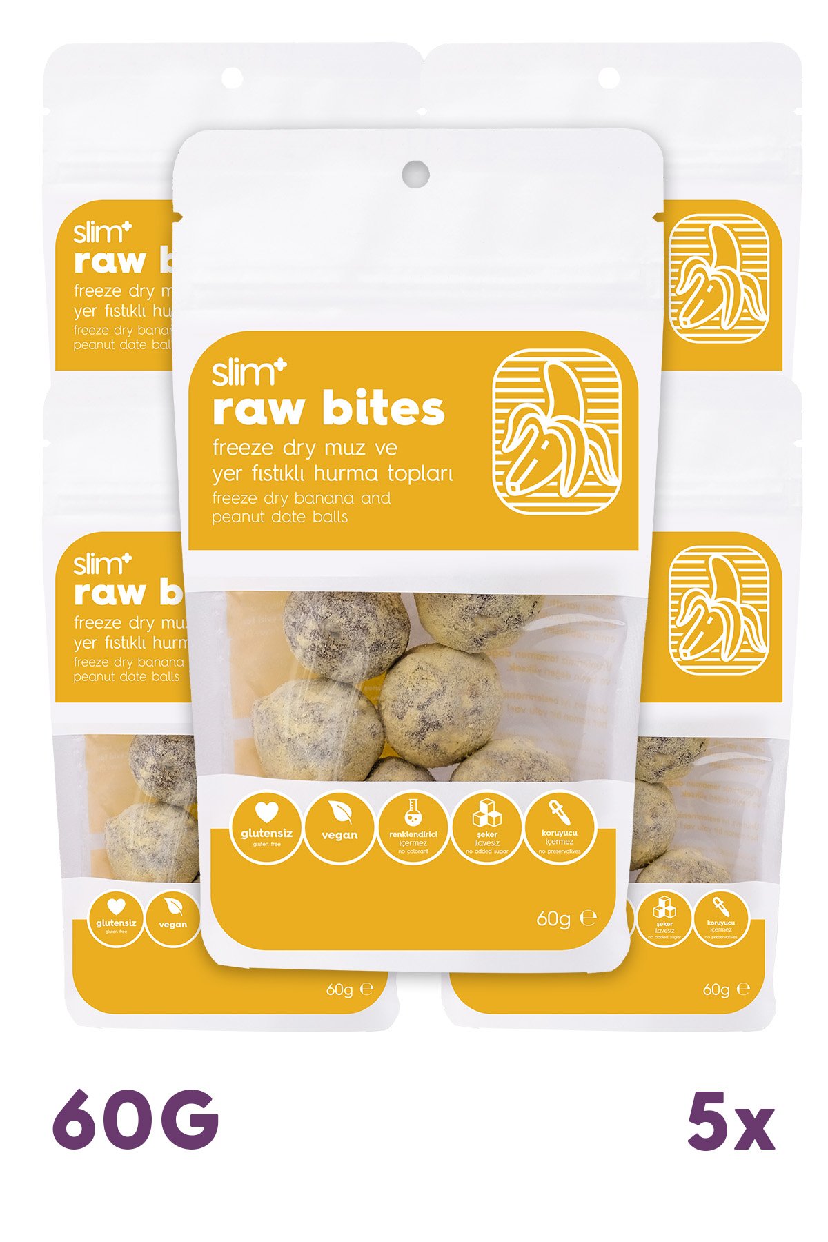 5 Paket Freeze Dry Muz Kaplı Glutensiz Vegan Yerfıstıklı Hurma Topları Raw Bites 60gr