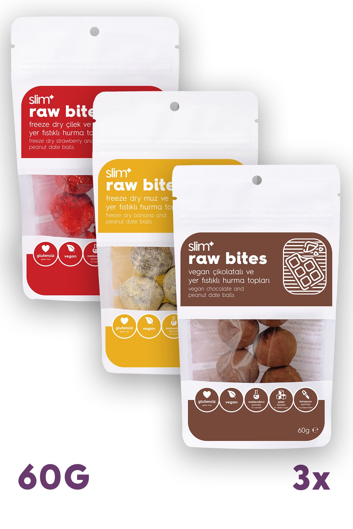3'lü Paket Glutensiz Vegan Yerfıstıklı Hurma Topları Raw Bites Mix Paket 60gr