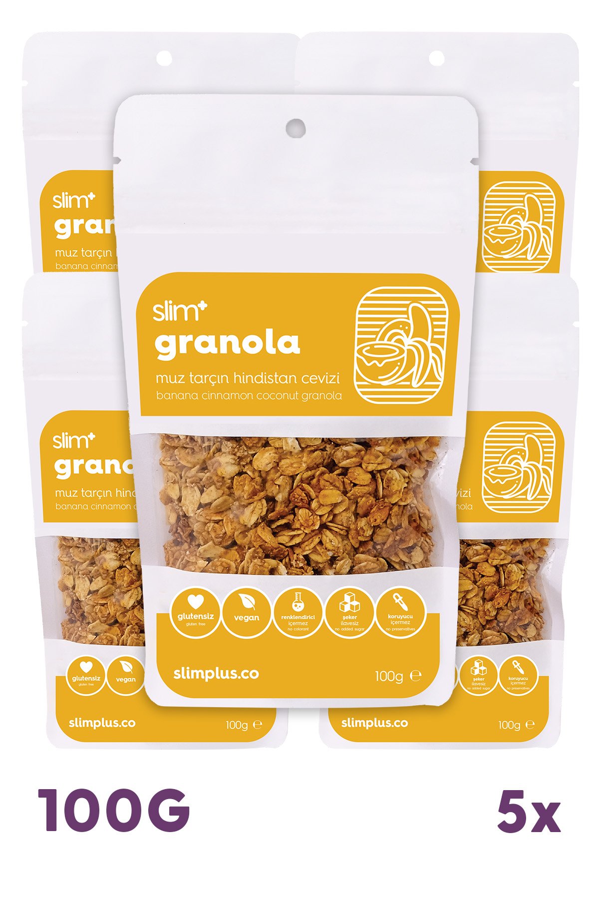 5 Paket Muz Tarçın Hindistan Cevizi Glutensiz İlave Şekersiz Vegan Granola 100gr