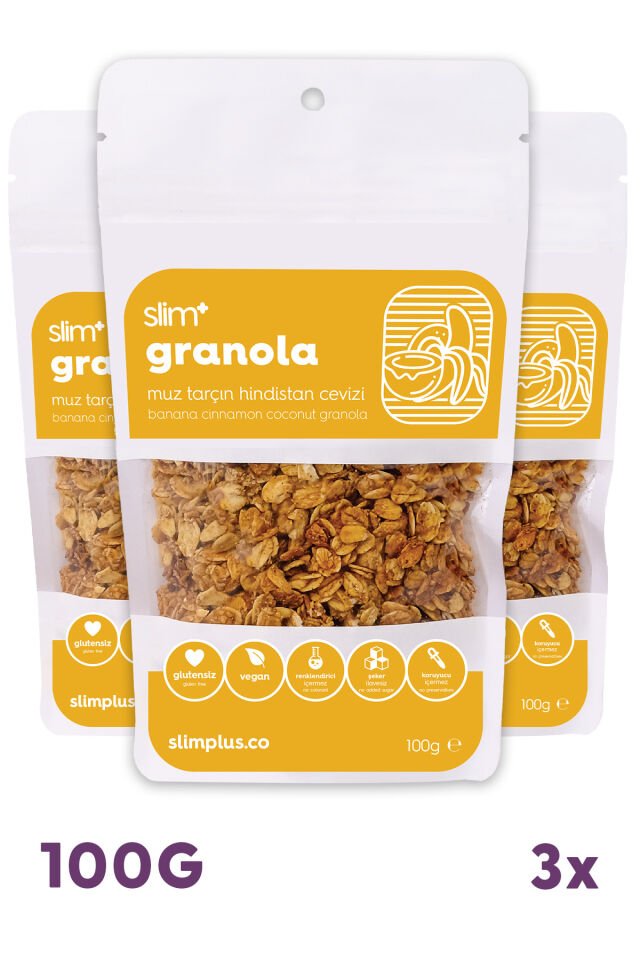 3 Paket Muz Tarçın Hindistan Cevizi Glutensiz İlave Şekersiz Vegan Granola 100gr