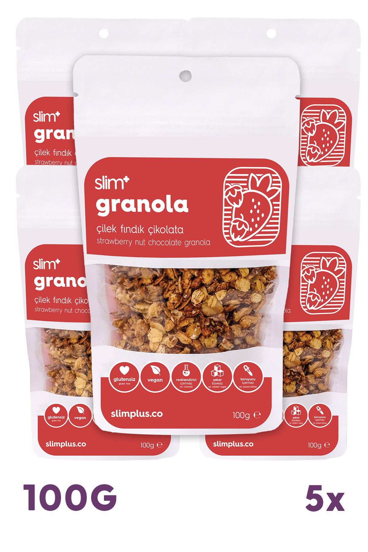 5 Paket Çikolata Çilek Fındık Glutensiz İlave Şekersiz Vegan Granola 100gr