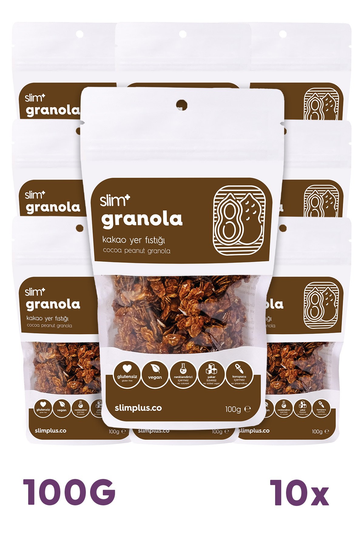 10 Paket Kakao Yer Fıstığı Glutensiz İlave Şekersiz Vegan Granola 100gr