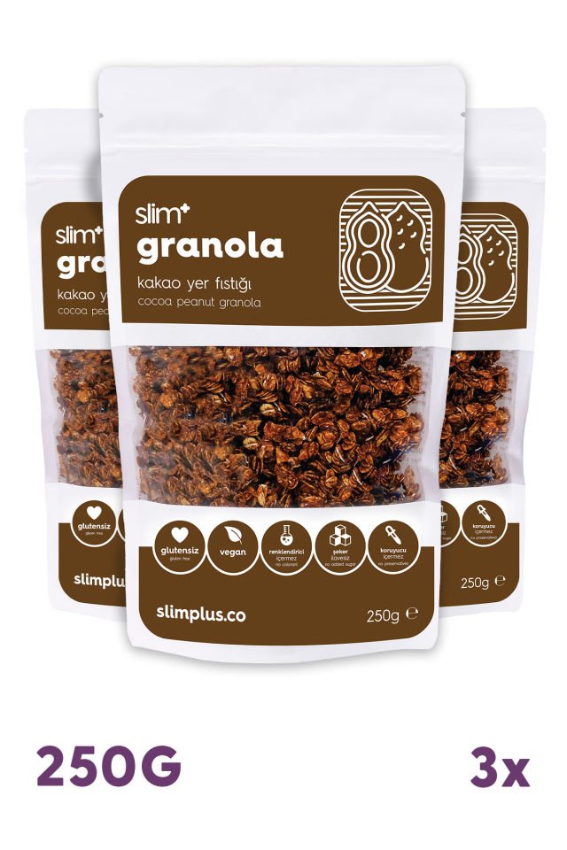 3 Paket Kakao Yer Fıstığı Glutensiz İlave Şekersiz Vegan Granola 250gr