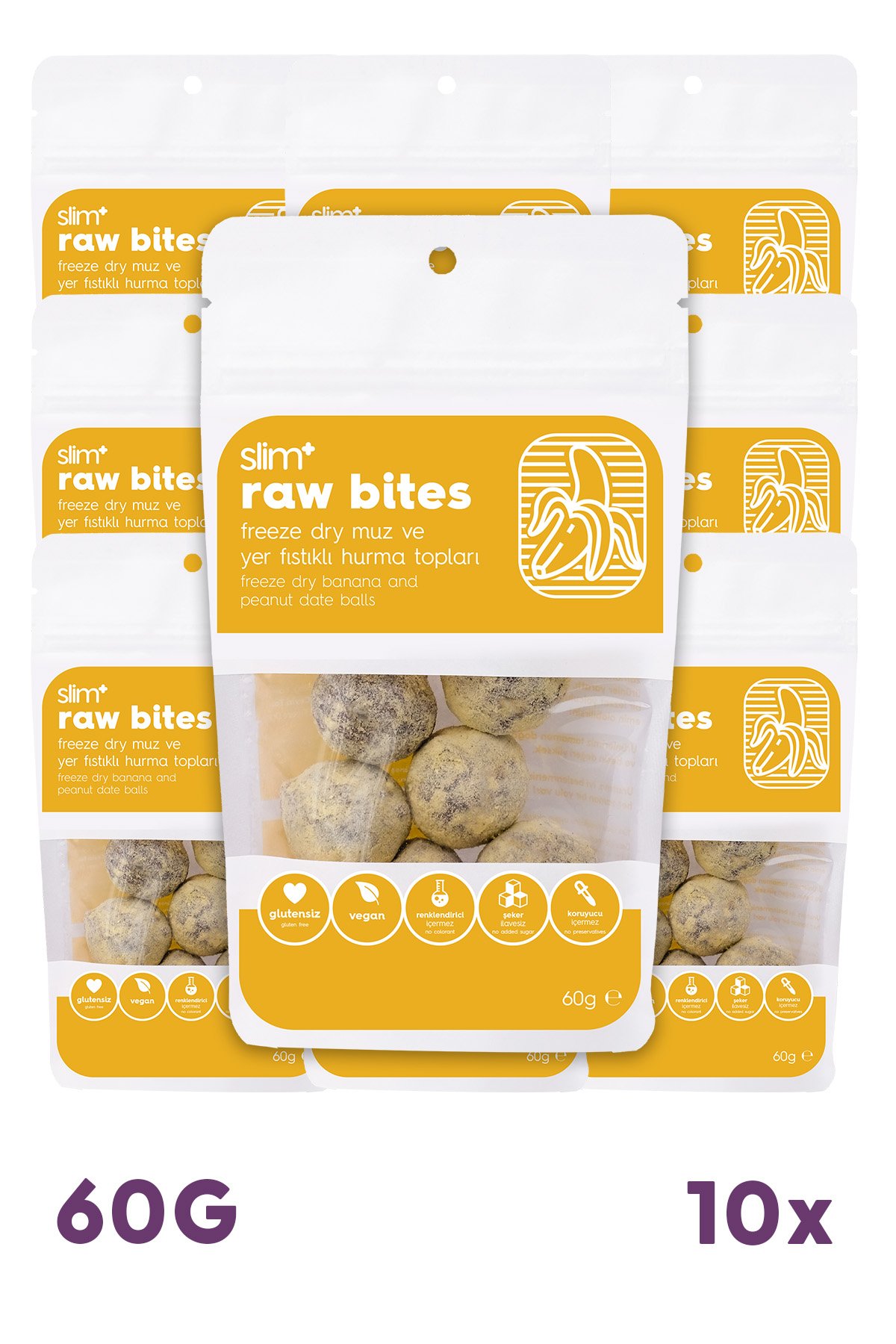 10 Paket Freeze Dry Muz Kaplı Glutensiz Vegan Yerfıstıklı Hurma Topları Raw Bites 60gr