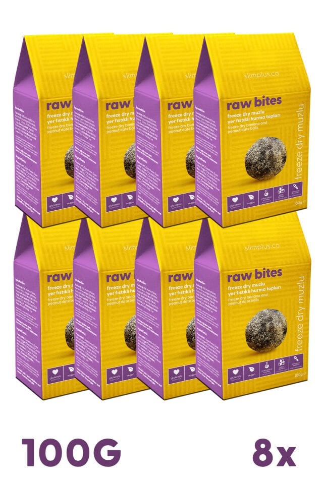 8 Paket Freeze Dry Muz Kaplı Glutensiz Vegan Yerfıstıklı Hurma Topları Raw Bites 100G