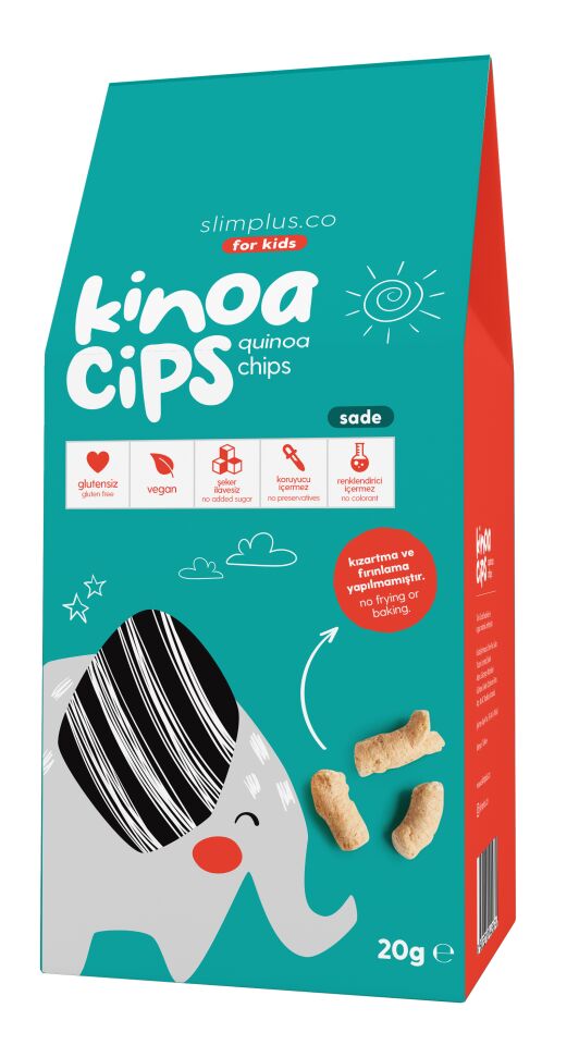 2 Paket 20G Sade Vegan Yağsız Kinoa Cipsi for Kids Glutensiz Çocuklara Özel Ambalaj Tatlı Fil