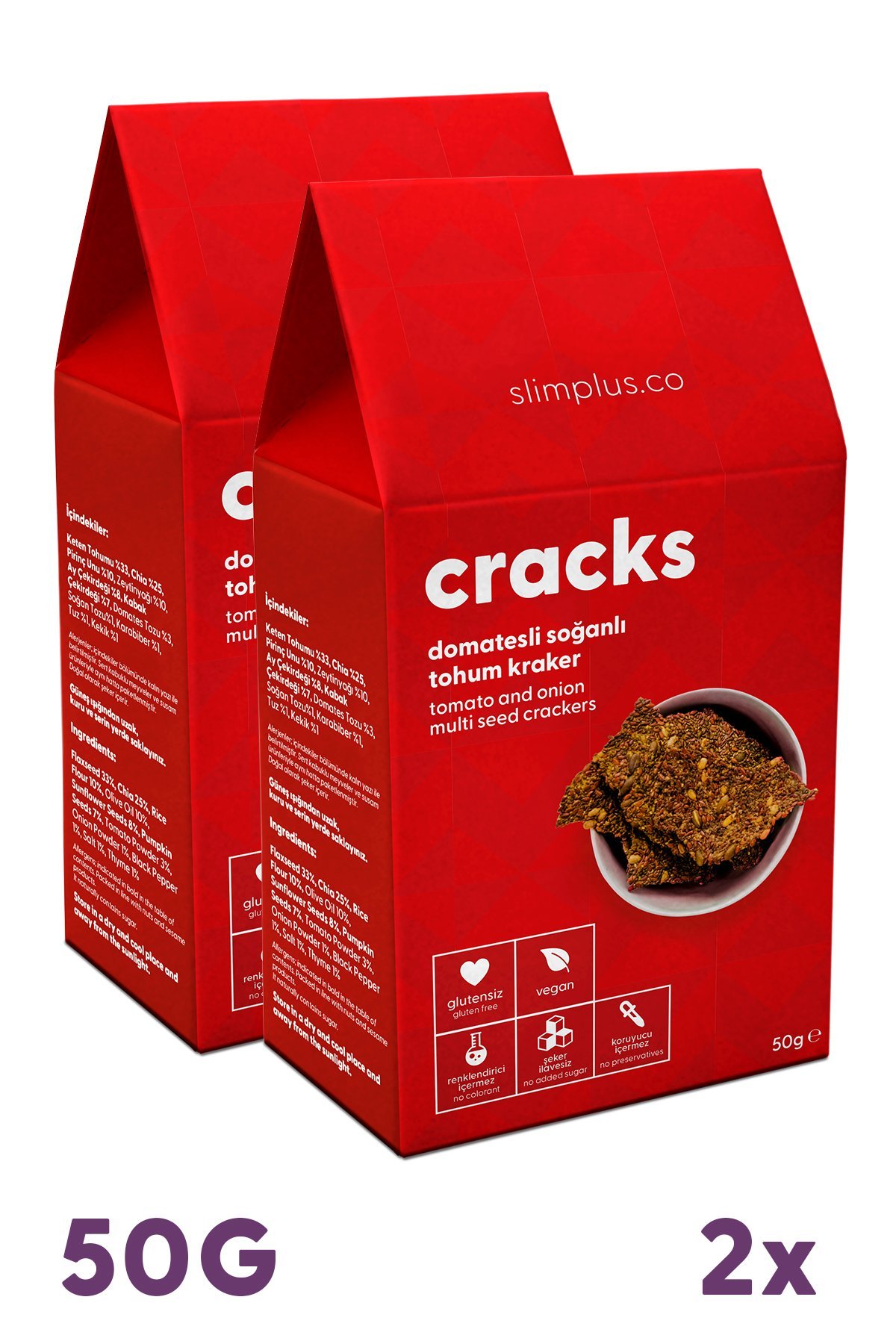 2 Paket Domates Soğanlı Glutensiz Vegan Tohum Kraker Cracks 50gr