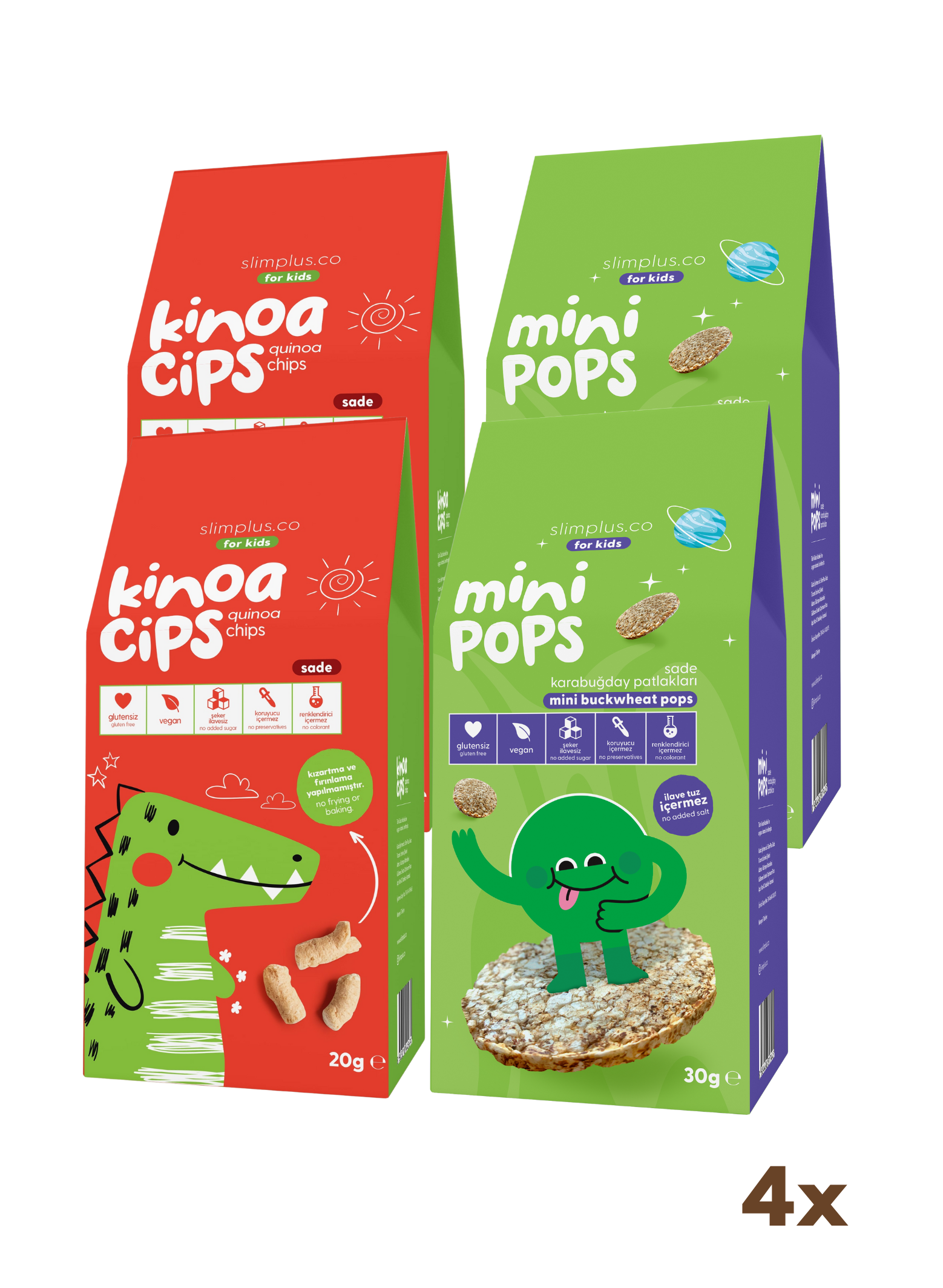 4 Paket 20G Sade Kinoa Cipsi for Kids Sevimli Dinozor ve 30G Mini Pops Karabuğday Patlakları