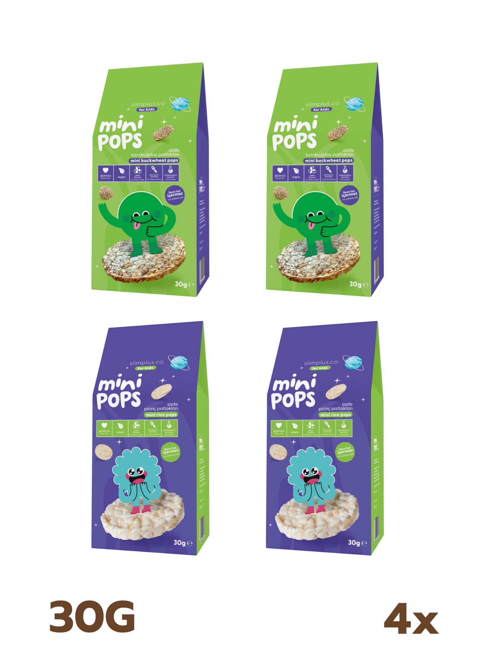 4\'lü Paket Mini Pops Pirinç Patlakları ve Mini Pops Karabuğday Patlakları 30G