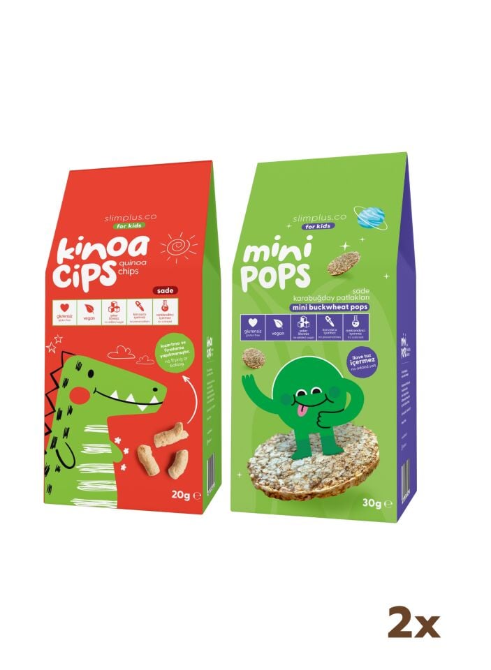 20G Sade Kinoa Cipsi for Kids Sevimli Dinozor ve 30G Mini Pops Karabuğday Patlakları