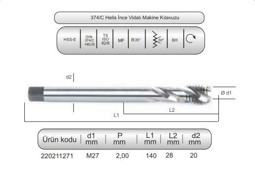 HSSE DIN374/C HELİS MAK.KLVZ. M27x2 (6H)