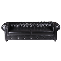 Chester Siyah Deri Üçlü Ofis Bekleme Kanepesi