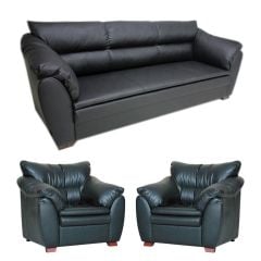 Roza Siyah Deri Üçlü Ofis Kanepesi