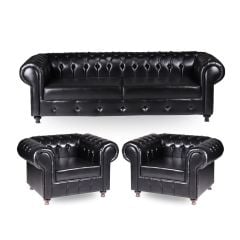 Chester Siyah Deri Kanepe Takımı (1 Üçlü 2 Tekli)