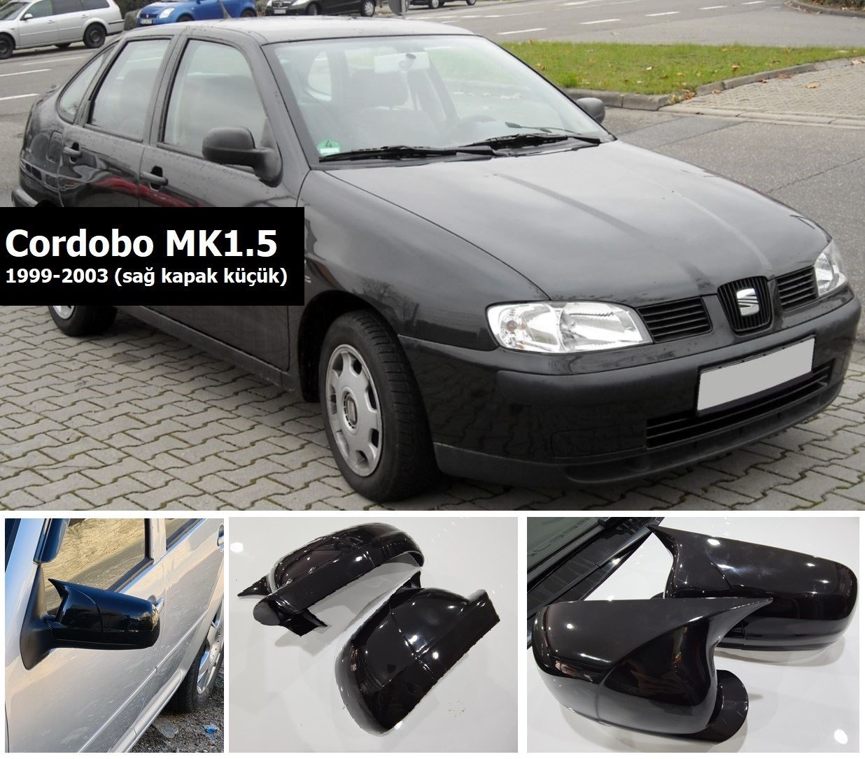 Seat Cordobo MK1.5 1999 2003 Yarasa Ayna Kapak, Parlak Siyah, Paino Black Yapıştırma Ayna Kapak