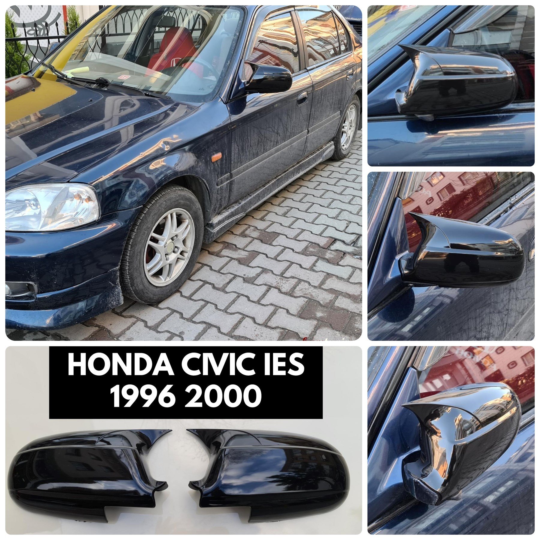 Honda Civic 1996 2000 Yarasa Ayna Kapağı, Parlak Siyah, ABS Plastik, Piano Black Yapıştırma, Sağ+Sol
