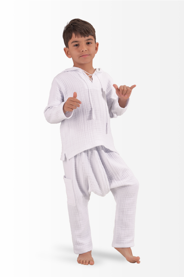 Müslin Erkek Çocuk Yazlık Sweatshirt Şalvarlı Pantolon Takım Beyaz