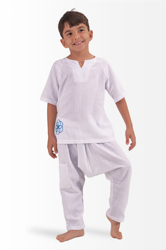 Şile Bezi Erkek Çocuk Yazlık Gömlek Şalvar Takım Eli İşi Mavi Nakış Beyaz