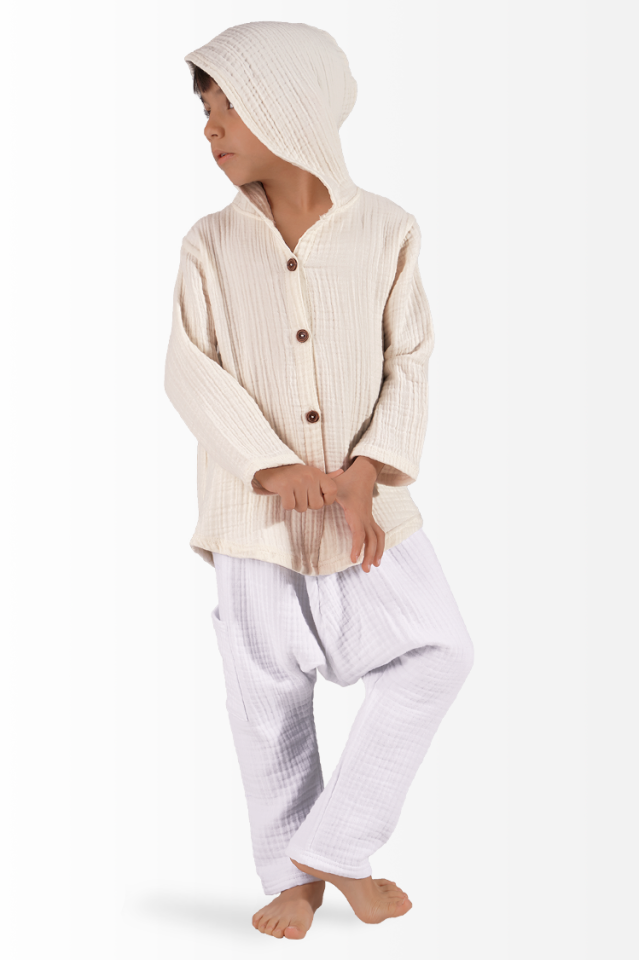 Müslin Erkek Çocuk Yazlık Sweatshirt Şalvarlı Pantolon Takım Beyaz-Kirli Beyaz