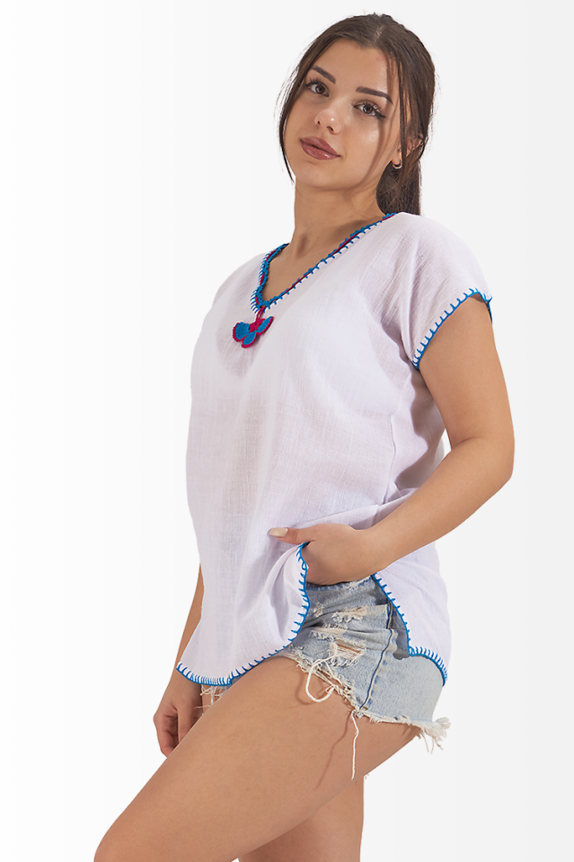 Şile Bezi Bluz El İşi Örme Aksesuarlı Yonca Model Beyaz