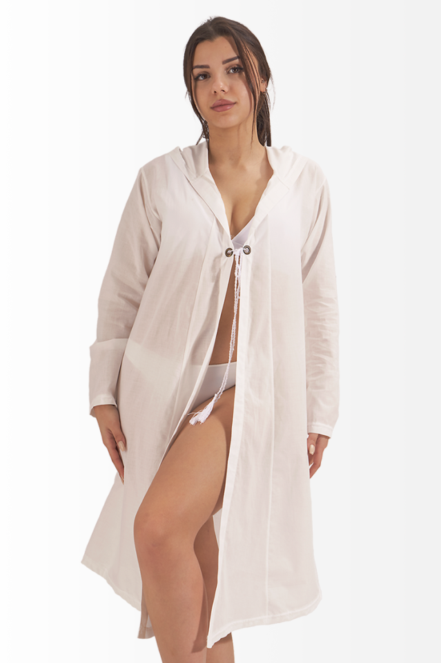 Vual Yazlık Elbise Kapşonlu Lara Model Kirli Beyaz