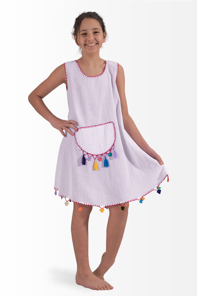Şile Bezi Kız Çocuk Yazlık Elbise Pembe Nakışlı Cep Motifli Ada Model Beyaz