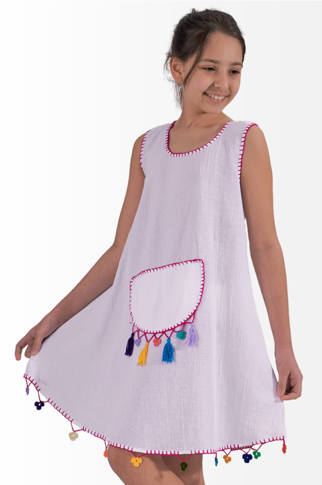 Şile Bezi Kız Çocuk Yazlık Elbise Pembe Nakışlı Cep Motifli Ada Model Beyaz