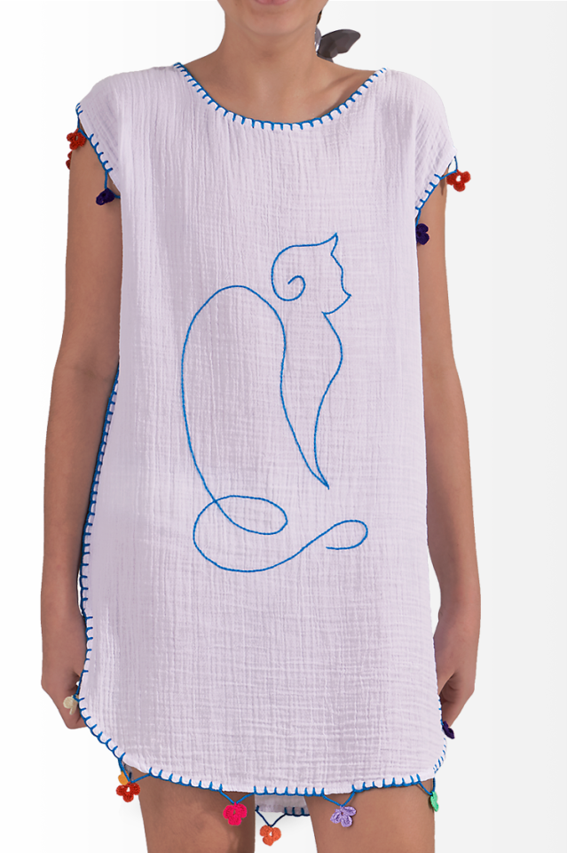 Müslin Kız Çocuk Pareo El İşi Mavi Kedi Motifli Tomurcuk Model Beyaz