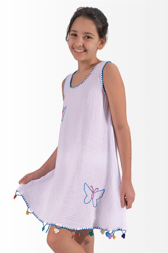 Müslin Kız Çocuk Yazlık Elbise El İşi Turkuaz Kelebek Motifli Ada Model Beyaz