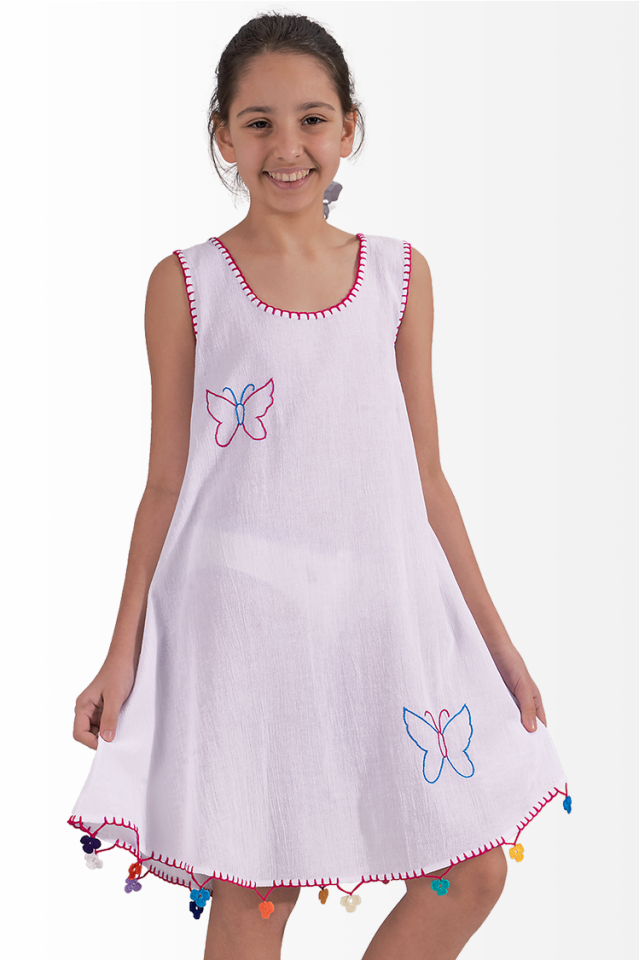 Şile Bezi Kız Çocuk Yazlık Elbise El İşi Pembe Kelebek Motifli Ada Model Beyaz