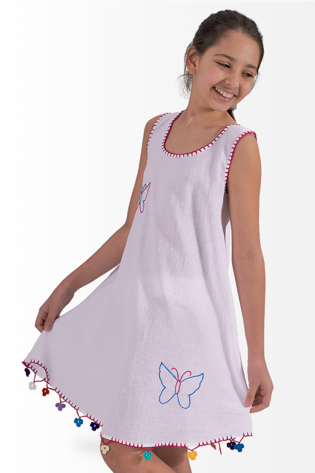 Şile Bezi Kız Çocuk Yazlık Elbise El İşi Pembe Kelebek Motifli Ada Model Beyaz