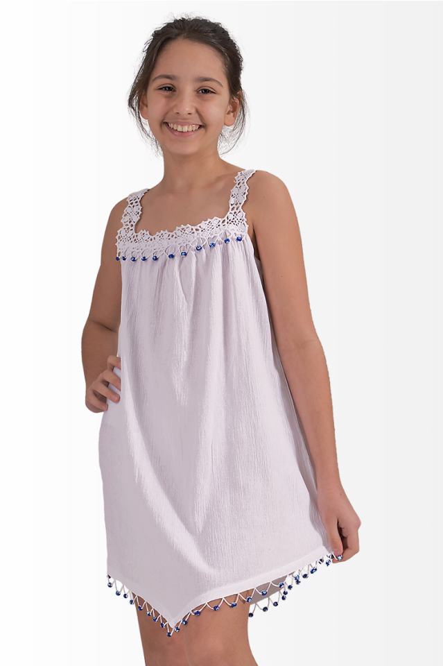 Şile Bezi Kız Çocuk Yazlık Elbise El İşi Dantelli Yaka Şirince Model Beyaz